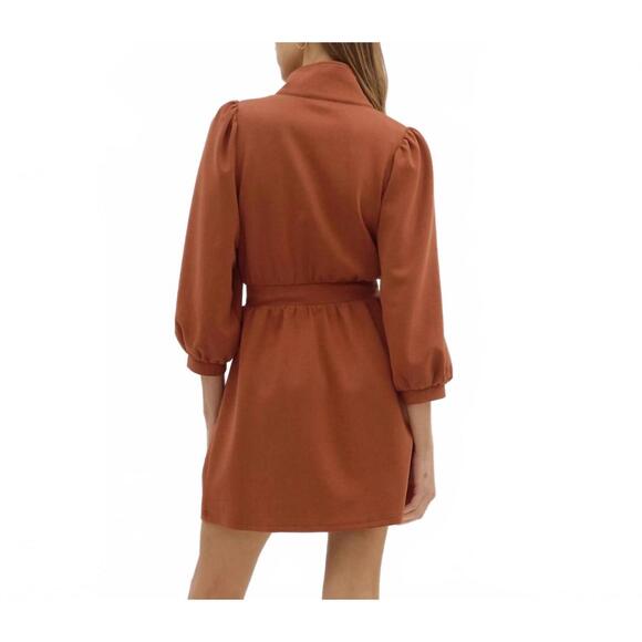 NEW STYLE USA solid puff sleeve mini dress in brown - Picture 3 of 4